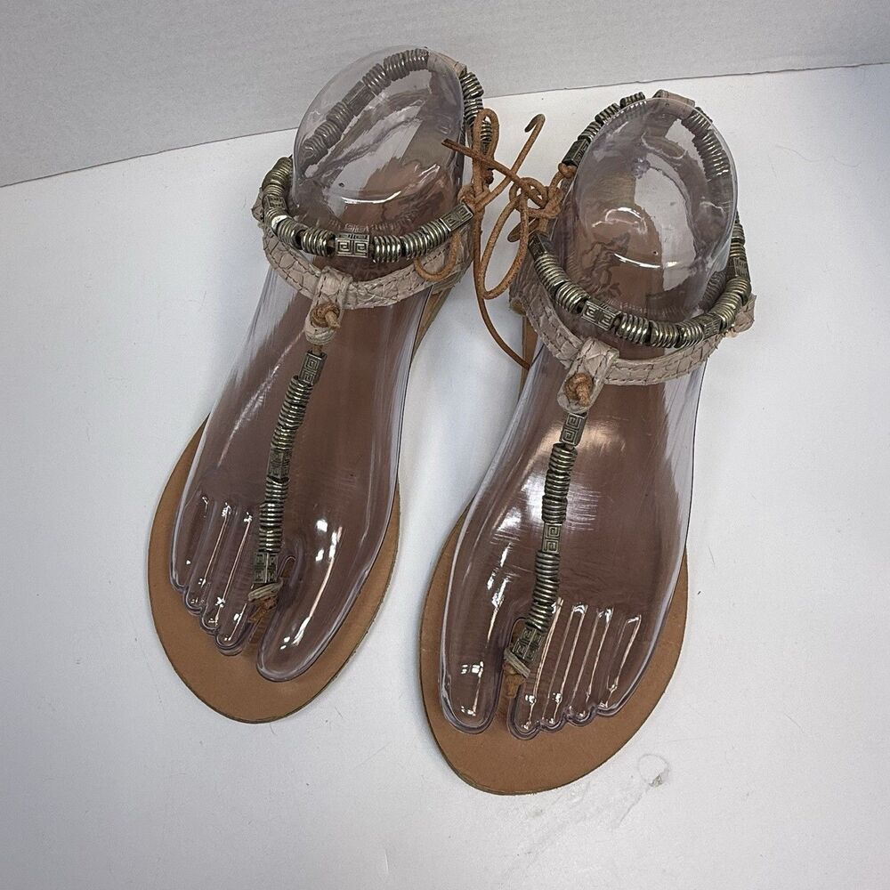 Ancient Greek Chrysso Beaded Snake Embossed Leather Anklet Sandals Sz 37